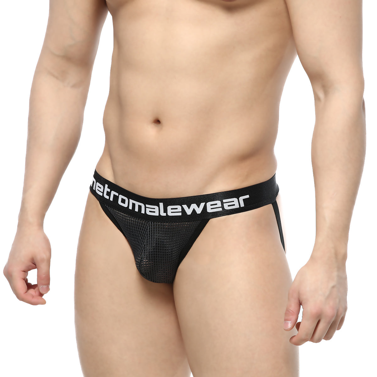 Black mesh briefs with white metromalewear logo band from metroMalewear grid mesh jockstraps 2901-35