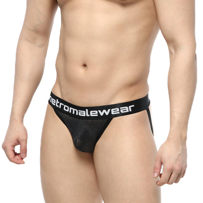 Black mesh briefs with white metromalewear logo band from metroMalewear grid mesh jockstraps 2901-35