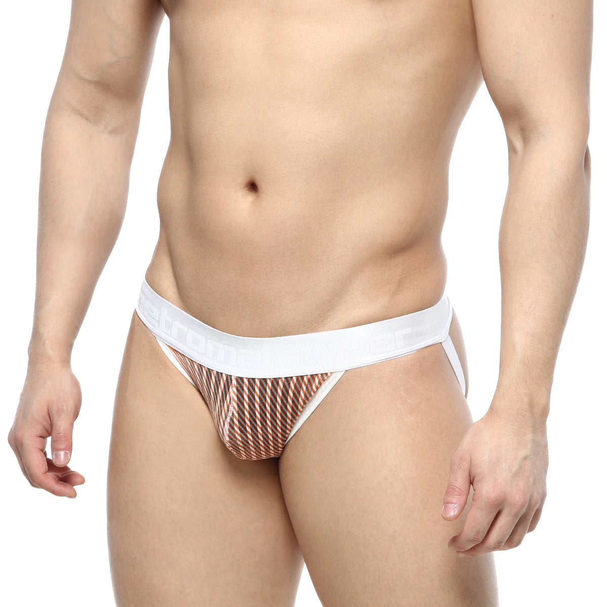 White and brown striped men’s briefs with a white elastic waistband from metromalewear candy jockstraps 2901-43