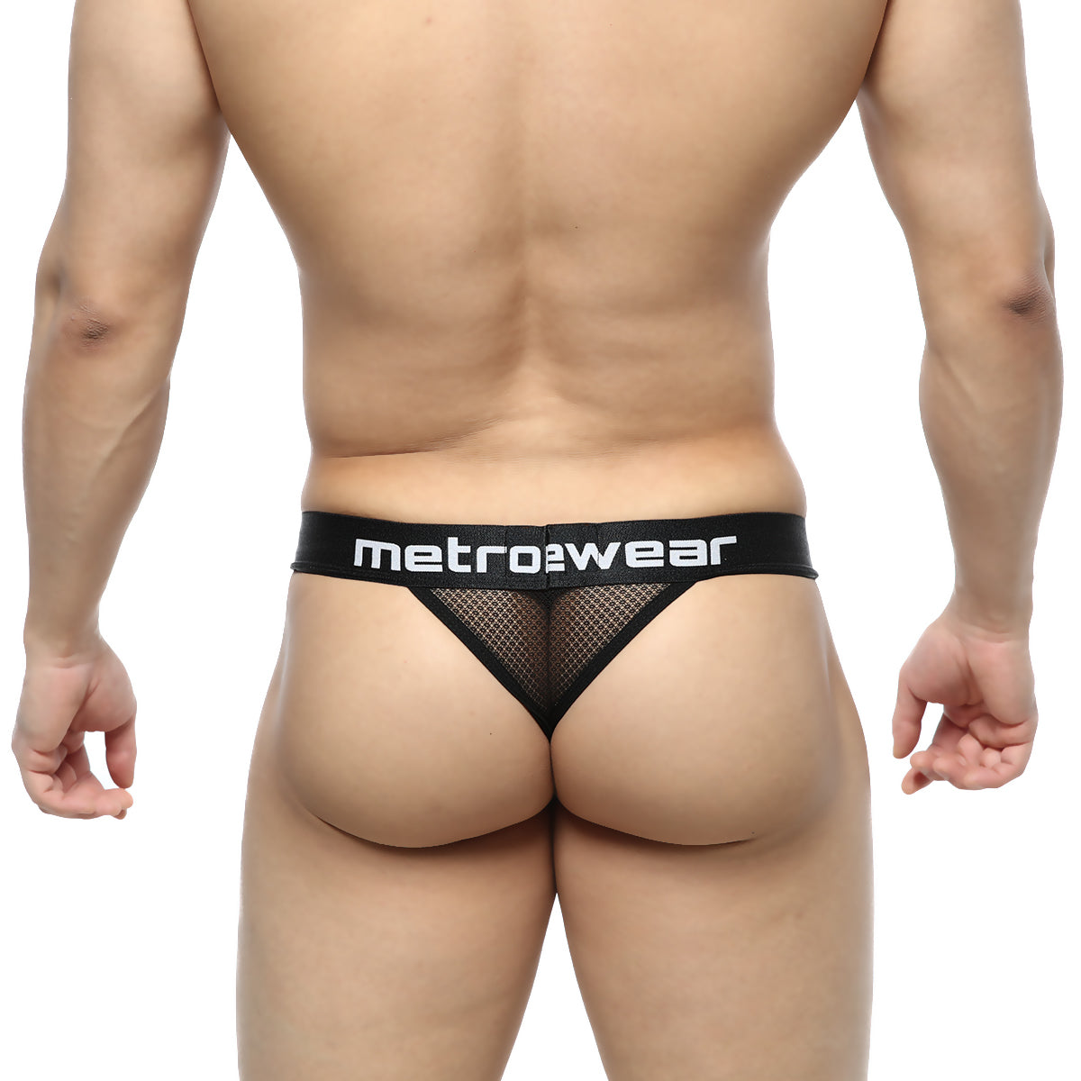 Black mesh thong with wide elastic waistband featuring metrowear logo in white by metromalewear time thong tull 2902-30