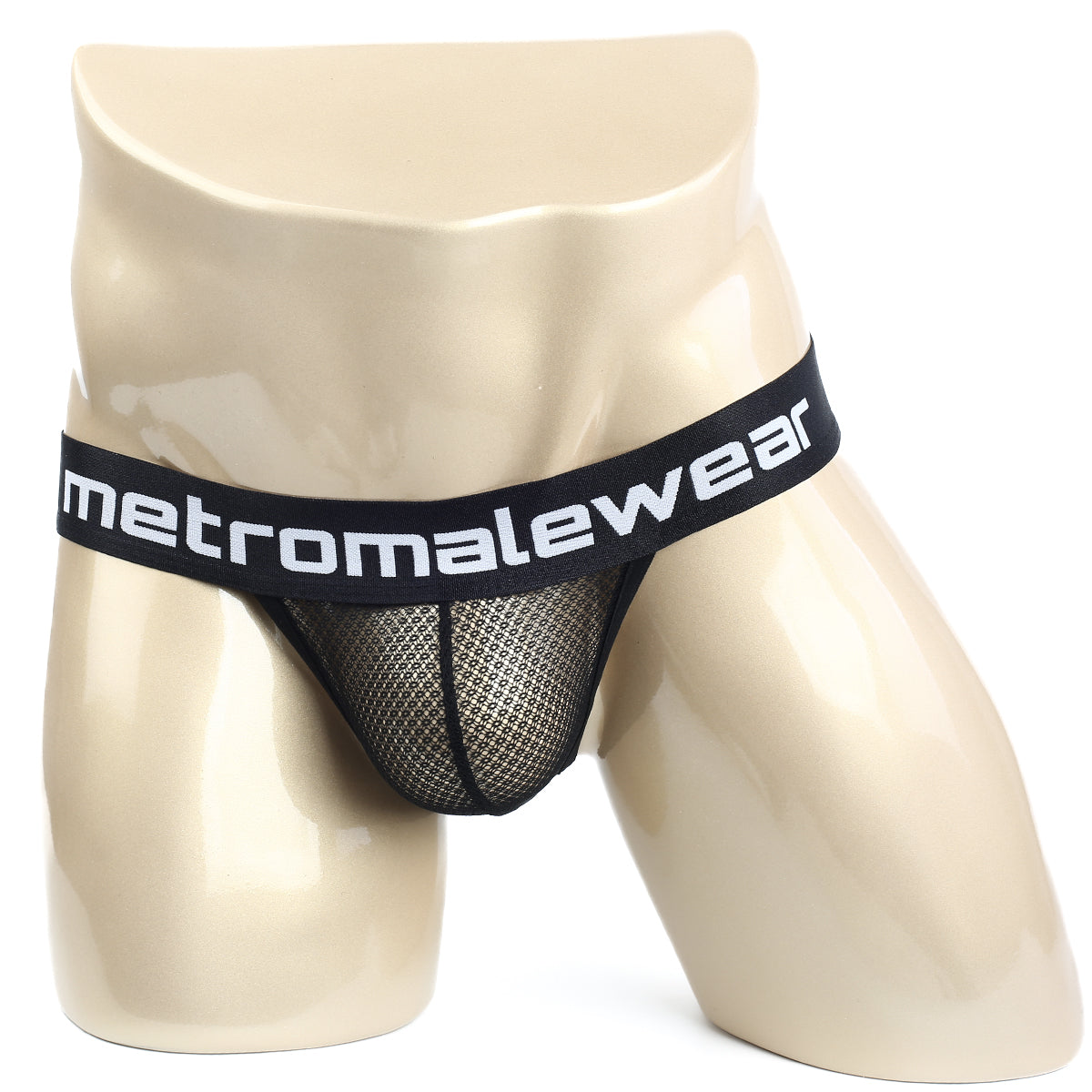Black mesh briefs with black elastic waistband featuring metromalewear logo in white from metro malewear time thong tull 2902-30