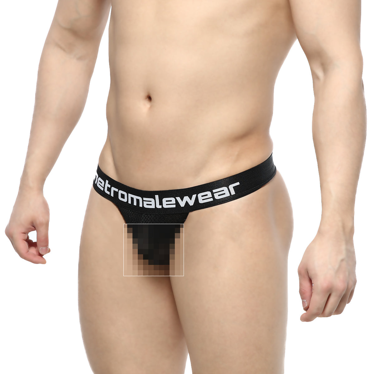 Black mesh thong with wide elastic waistband featuring metromalewear logo from MetroMaleWear Time Thong Tull 2902-30