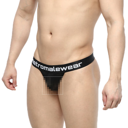 Black mesh thong with wide elastic waistband featuring metromalewear logo from MetroMaleWear Time Thong Tull 2902-30