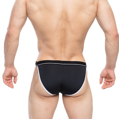 MetroMaleWear Tomcat bikini black swim trunks with white trim designed for comfortable beachwear and swimming