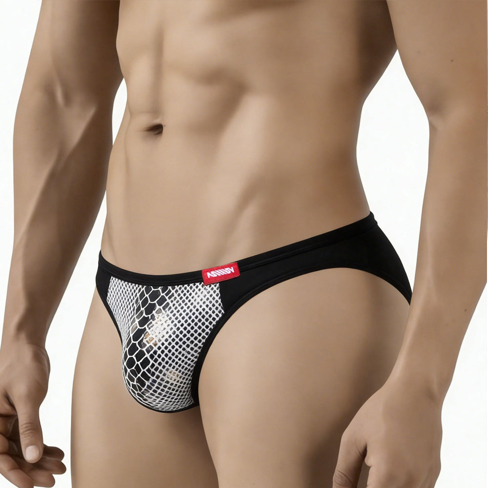 Black and white mesh briefs with red brand tag metro male wear fortuna bikini white 2905-60 front view