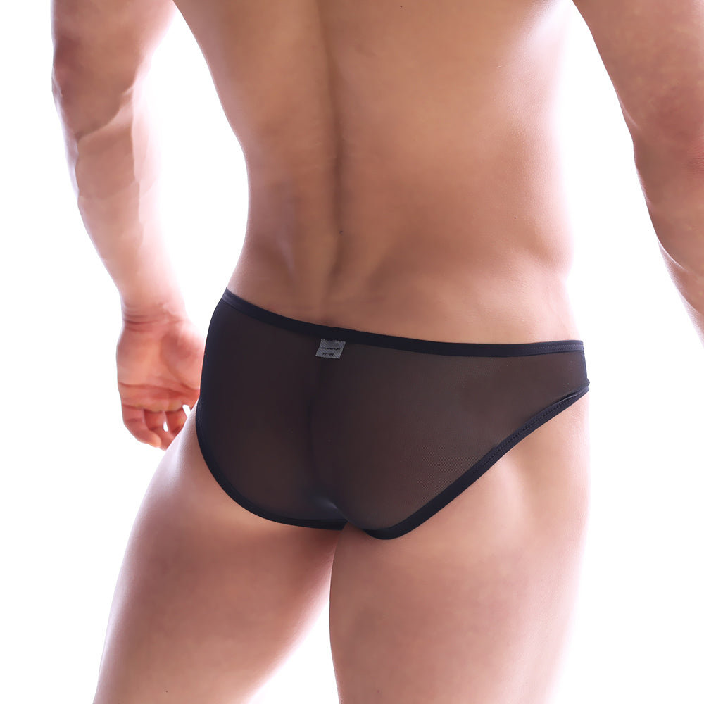 Black sheer mesh briefs with solid black waistband from metromalewear fortuna bikini white 2905-60 collection