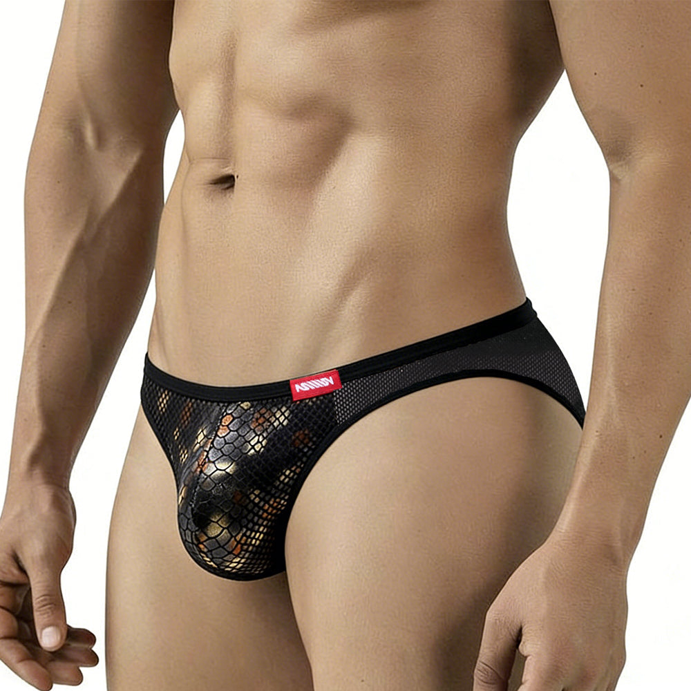 Black mesh briefs with metallic gold and black snake-scale pattern and red metroMalewear tag on waistband