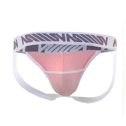 Pink ribbed athletic briefs with a white waistband featuring a bold purple and gray geometric logo pattern by metromalewear