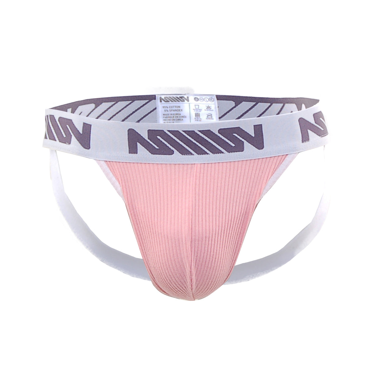 Pink ribbed athletic brief with white waistband and gray n logos from metromalewear magic jock strap marshmallow pink