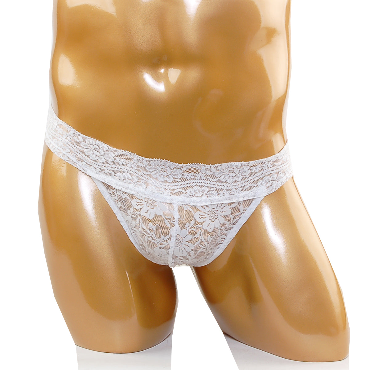 White lace thong with intricate floral patterns and sheer design from MetroMaleWear lace thong white 2912-70
