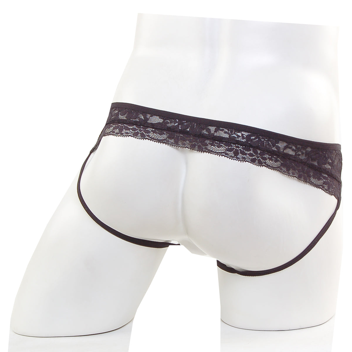 Black lace-trimmed MetroMaleWear lace jock strap briefs in sleek form-fitting design for stylish comfort in black