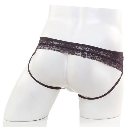 Black lace-trimmed MetroMaleWear lace jock strap briefs in sleek form-fitting design for stylish comfort in black