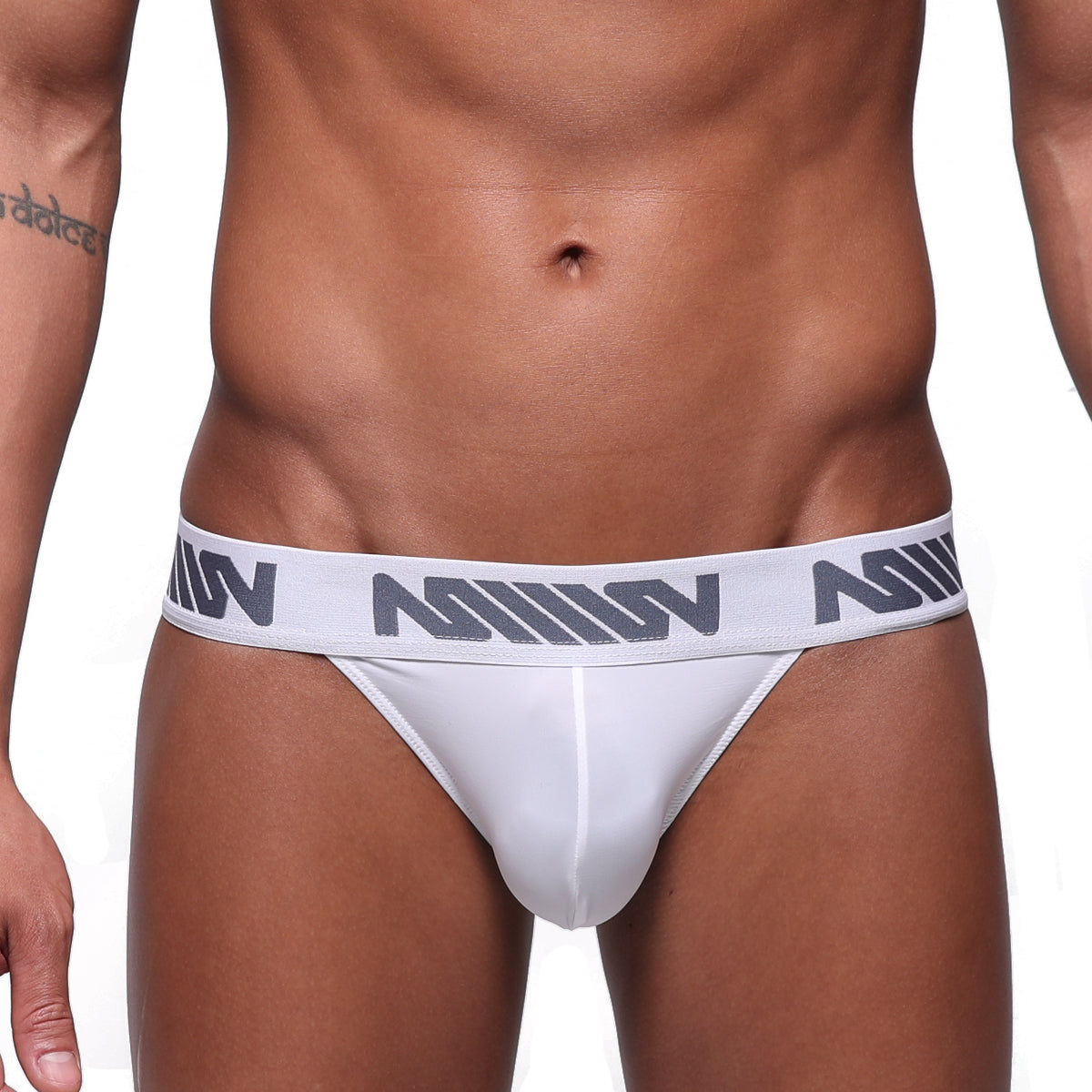 White men’s briefs with gray m logo band from MetroMaleWear Prieto thong collection in white 2912-00 style