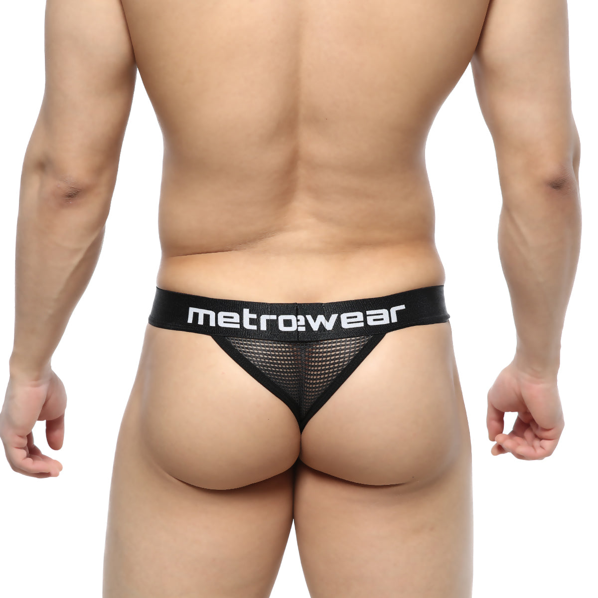 Black mesh thong with metro wear branding on waistband in metroMalewear grid mesh thong black 2912-35 product image