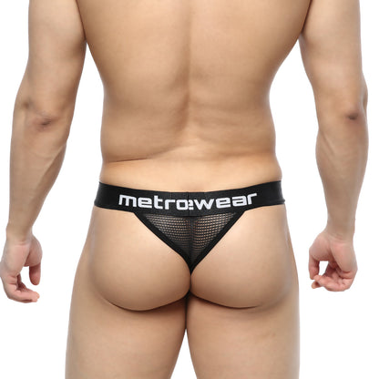 Black mesh thong with metro wear branding on waistband in metroMalewear grid mesh thong black 2912-35 product image