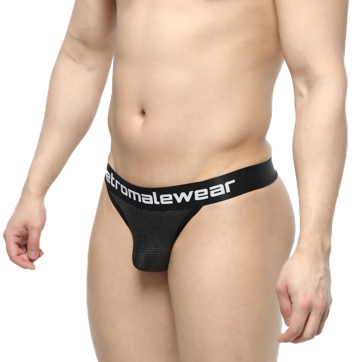 Black mesh briefs with a branded waistband from MetroMaleWear grid mesh thong style in black 2912-35
