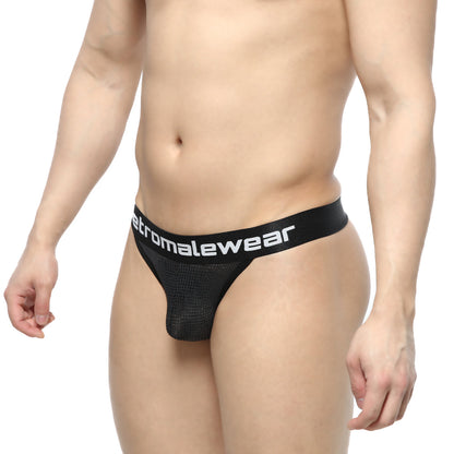 Black mesh briefs with a branded waistband from MetroMaleWear grid mesh thong style in black 2912-35