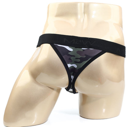 MetroMaleWear hard core thong 2912-60 with black and green camouflage pattern and black elastic waistband shown from front