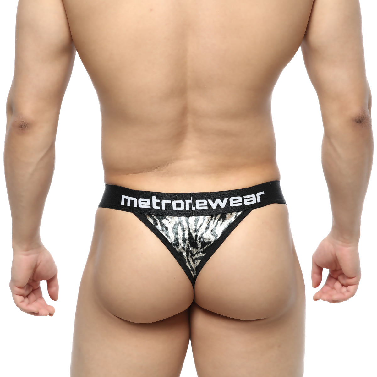 Black and silver zebra-print thong with metronewear branding on waistband metro malewear tiger thong 2912-61