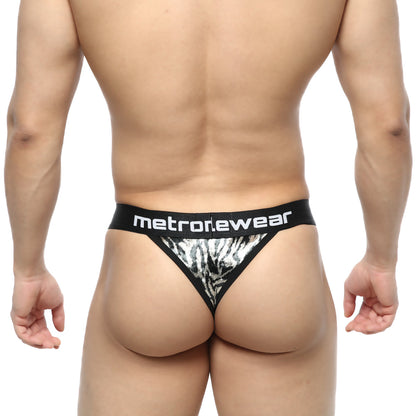 Black and silver zebra-print thong with metronewear branding on waistband metro malewear tiger thong 2912-61