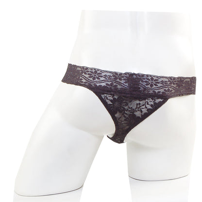 MetroMaleWear lace thong black 2912-71 featuring intricate floral patterns and delicate sheer lace design
