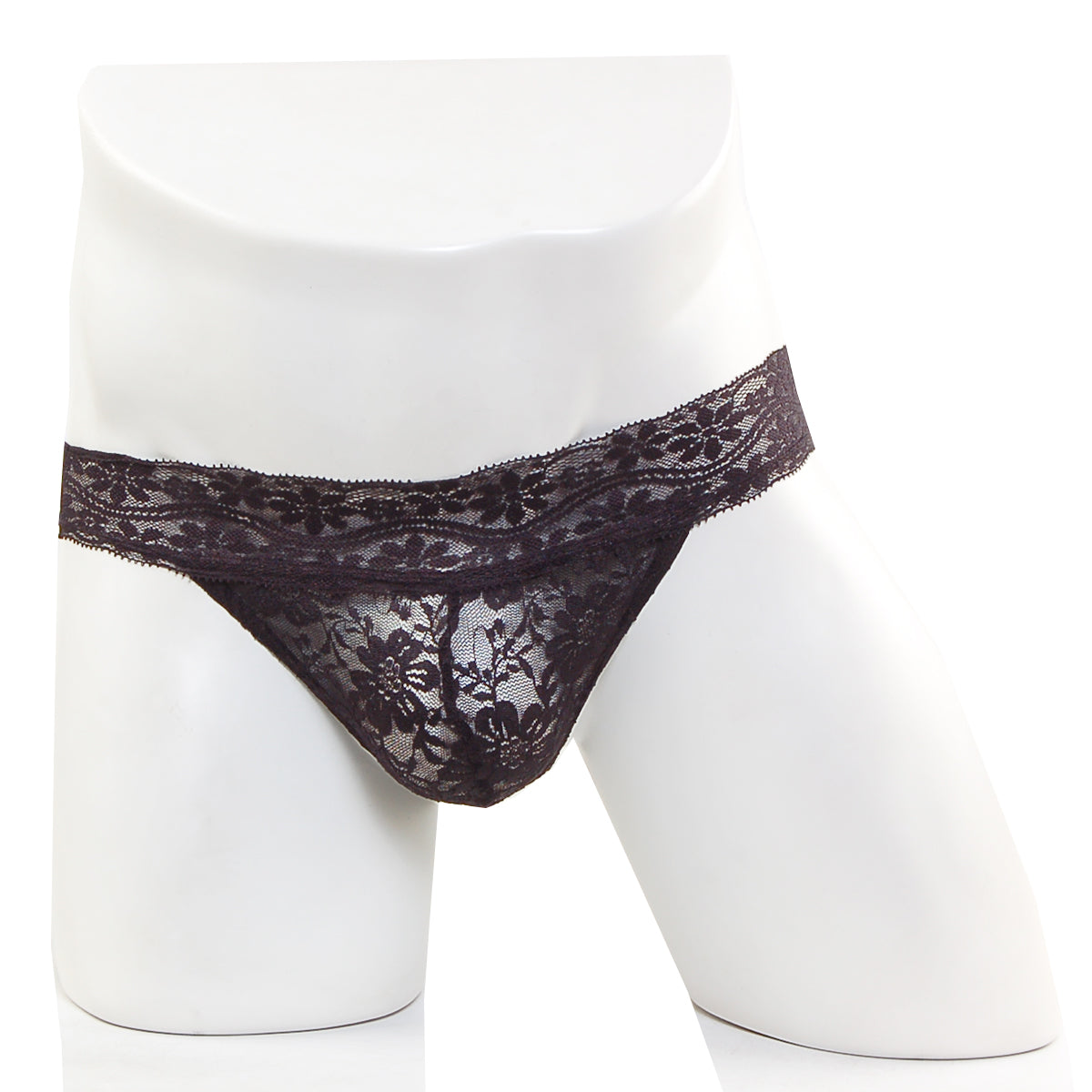 Black lace thong with floral pattern by metromalewear in black featuring delicate lace material and thong design
