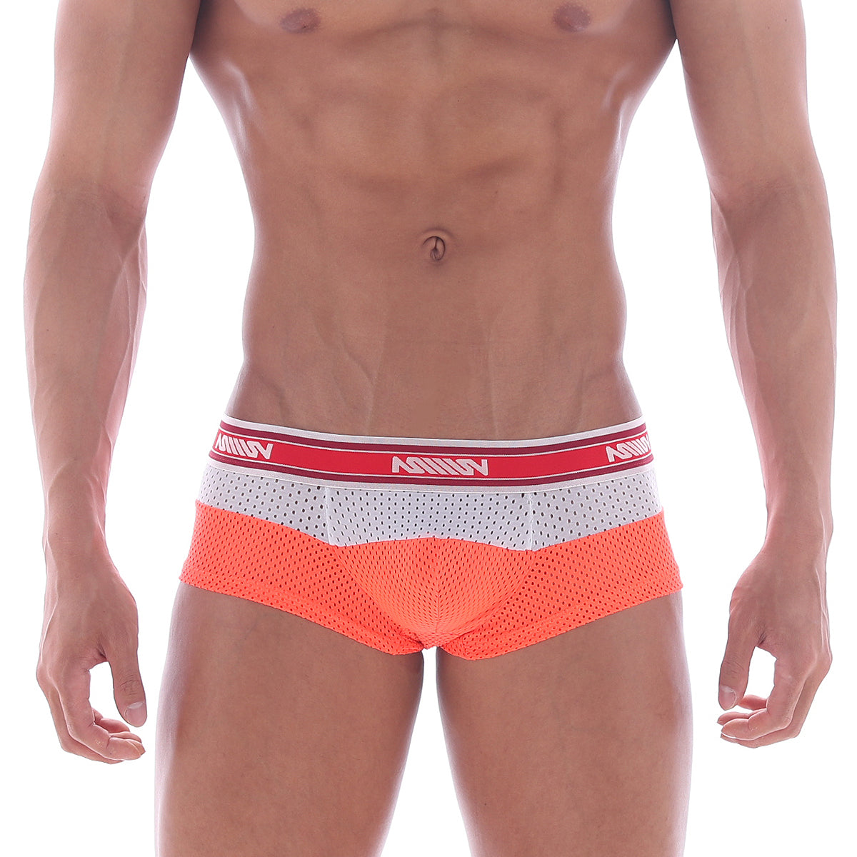 MetroMalewear triple boxer neon orange mesh briefs with white perforated panel and red vanity waistband