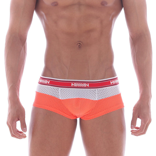 MetroMalewear triple boxer neon orange mesh briefs with white perforated panel and red vanity waistband