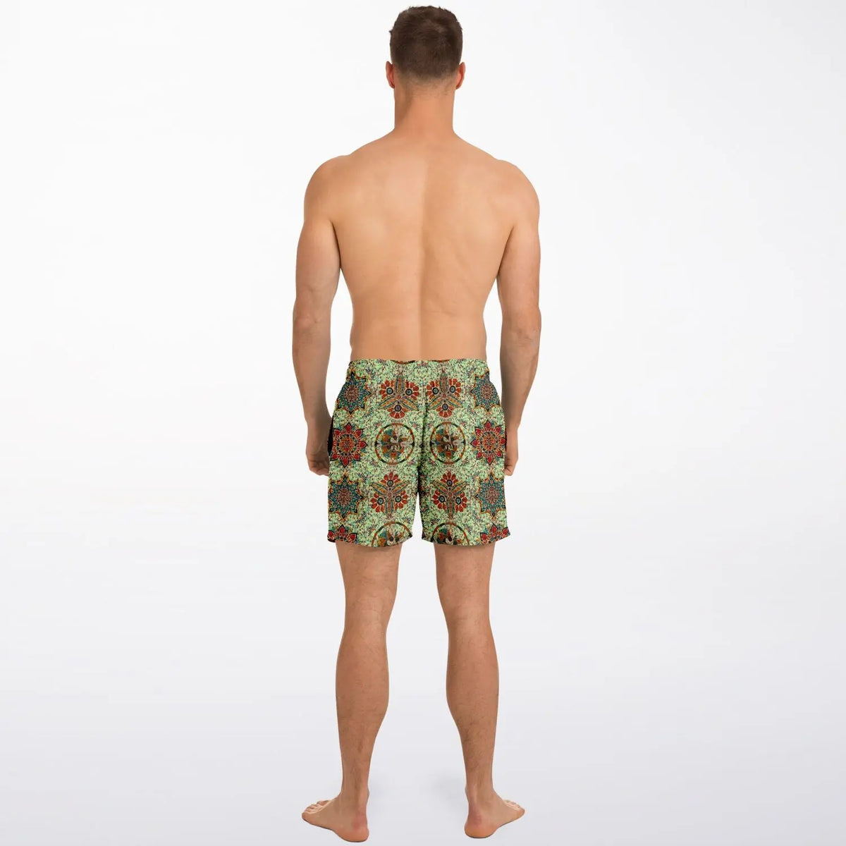 Men's swim shorts by Maris Equi in a colorful mosaic pattern featuring a comfortable fit and elastic waistband.