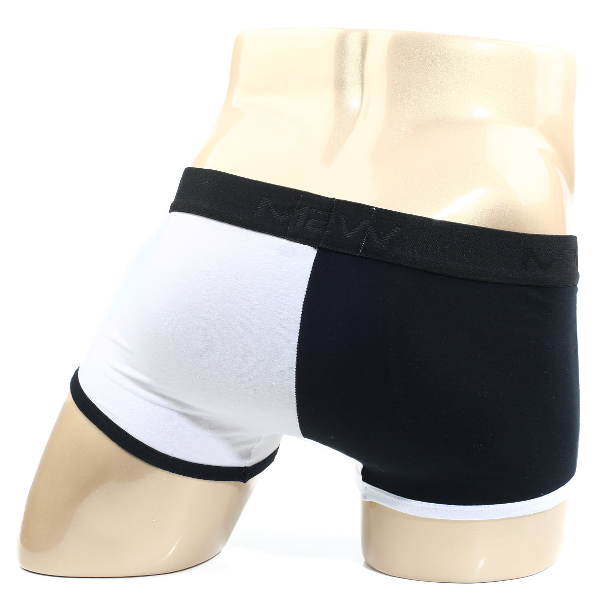 Black and white two-tone boxer briefs with black waistband and new logo by MetroMaleWear Daemon no show boxer 2924-00