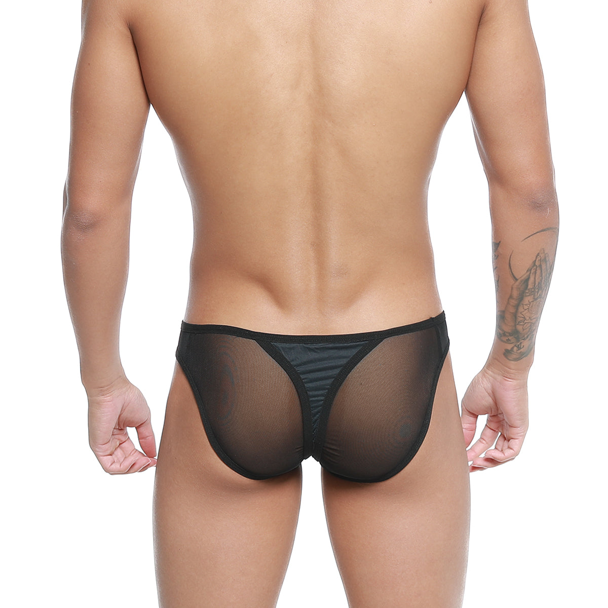 Black sheer mesh briefs with solid black waistband metro male wear mesh bikini thong black 2972-20 back side view