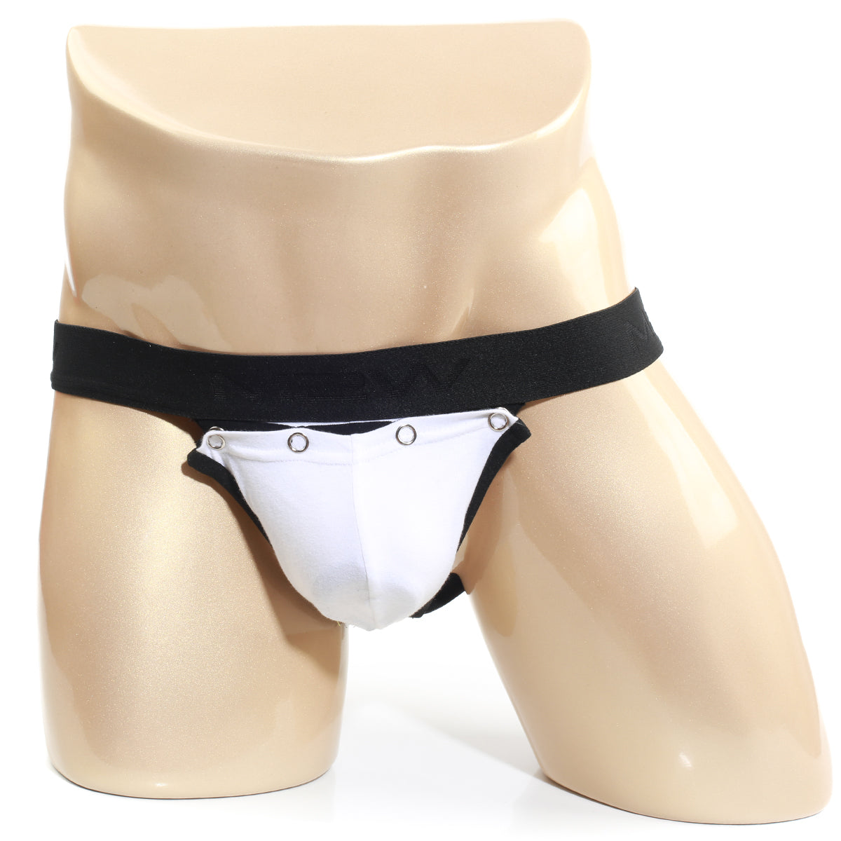 White and black MetroMaleWear American jock strap athletic briefs with wide elastic waistband and silver grommets