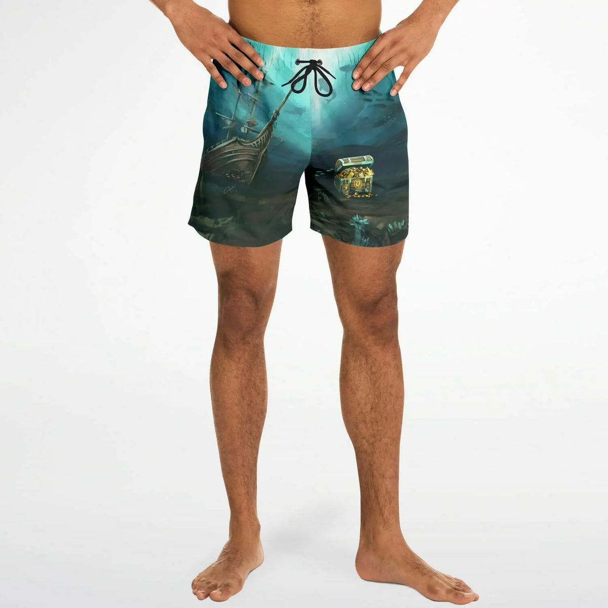 Men's swim shorts by Maris Equi featuring a vibrant underwater treasure design with a drawstring waist and side pockets.