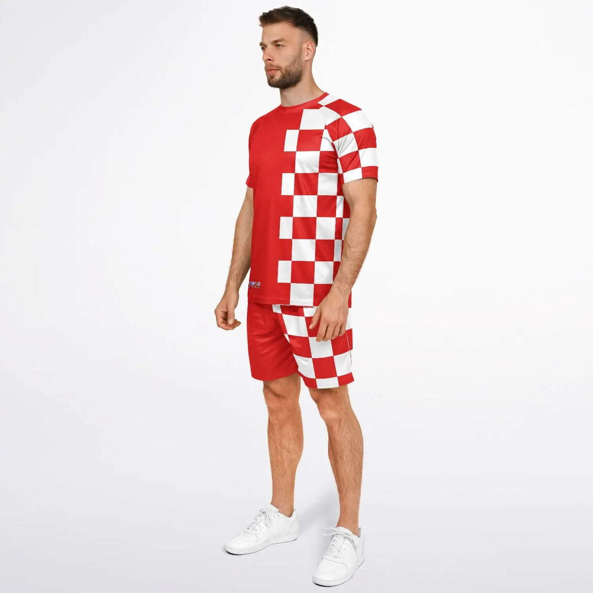 Red and white checkered shorts and matching top set made of lightweight fabric worn by a model by Maris Equi.