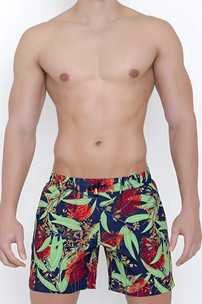 Men’s 2EROS Australiana S51 XL navy blue swim trunks with vibrant red blossom and green leaf tropical floral pattern