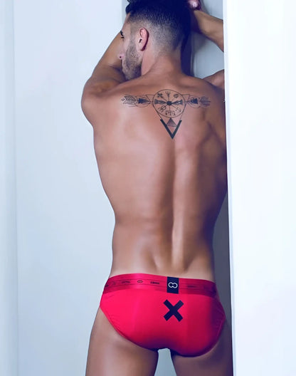 Red men’s 2eros x series brief underwear passion u2151pa with black x and infinity logo on waistband size l
