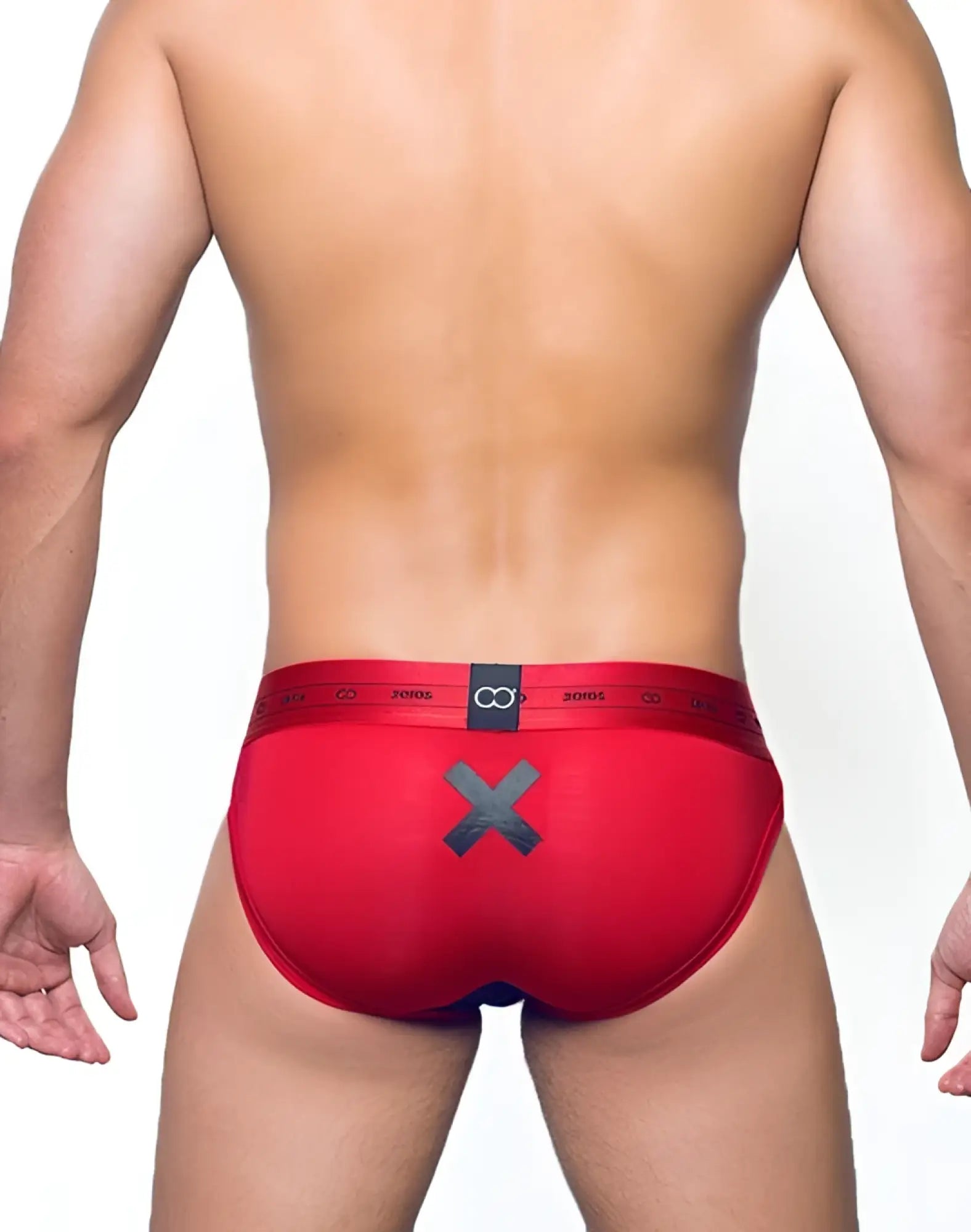 Back view of 2eros x series red men’s briefs with gray x logo and matching branded elastic waistband size l