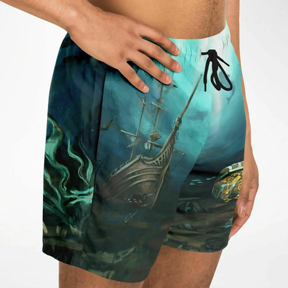 Men's swim shorts by Maris Equi featuring a vibrant underwater scene with a ship and treasure chest made from quick-dry material.