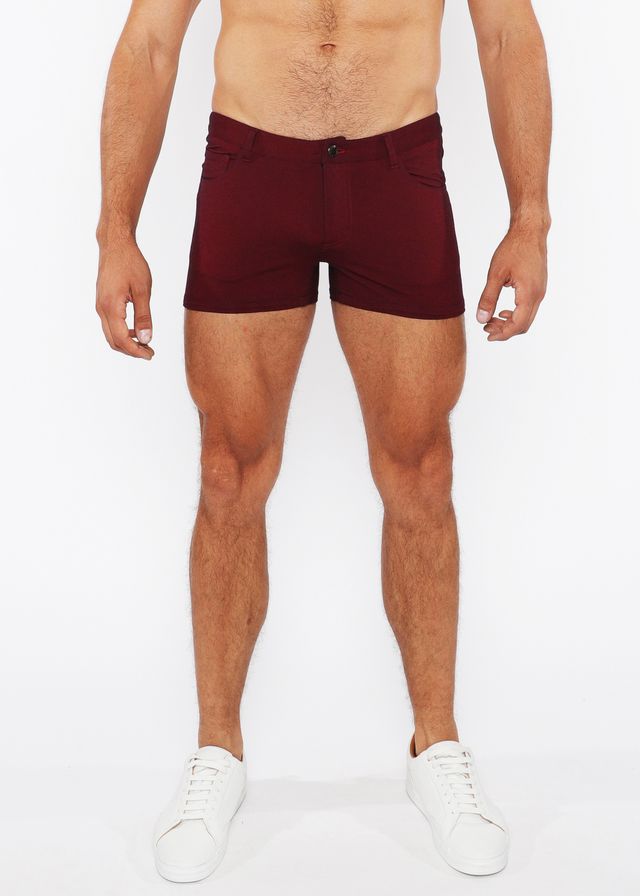 Maroon 3 inch stretch knit duo tone shorts with form fitting fit classic button closure and side pockets