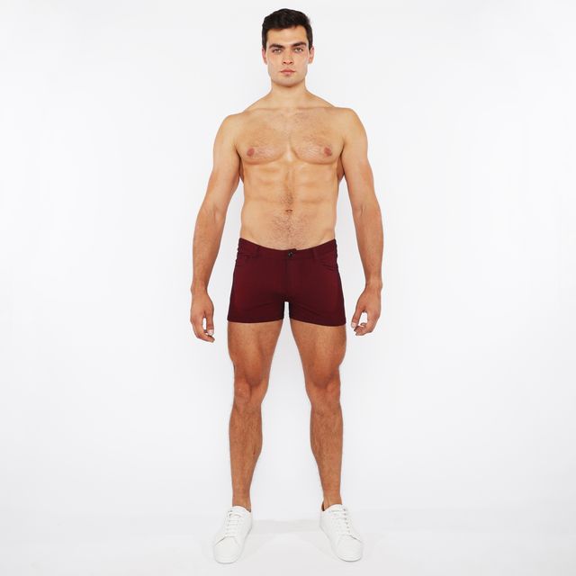 Maroon 3 inch stretch knit duo tone shorts with a fitted design and single front button closure