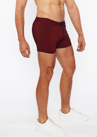 Maroon 3 inch stretch knit duo tone shorts with zipper fly and side pockets in a form fitting design