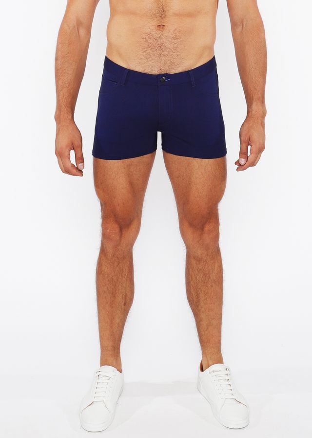Navy blue stretch knit briefs with a subtle front button closure featured in the 3 inch duo tone short design