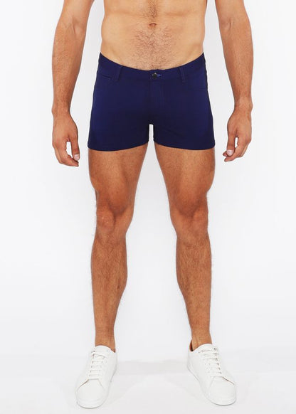 Navy blue stretch knit briefs with a subtle front button closure featured in the 3 inch duo tone short design