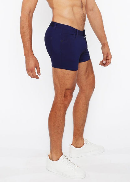 Navy blue 3 inch stretch knit duo tone shorts with tailored modern cut and subtle side pockets