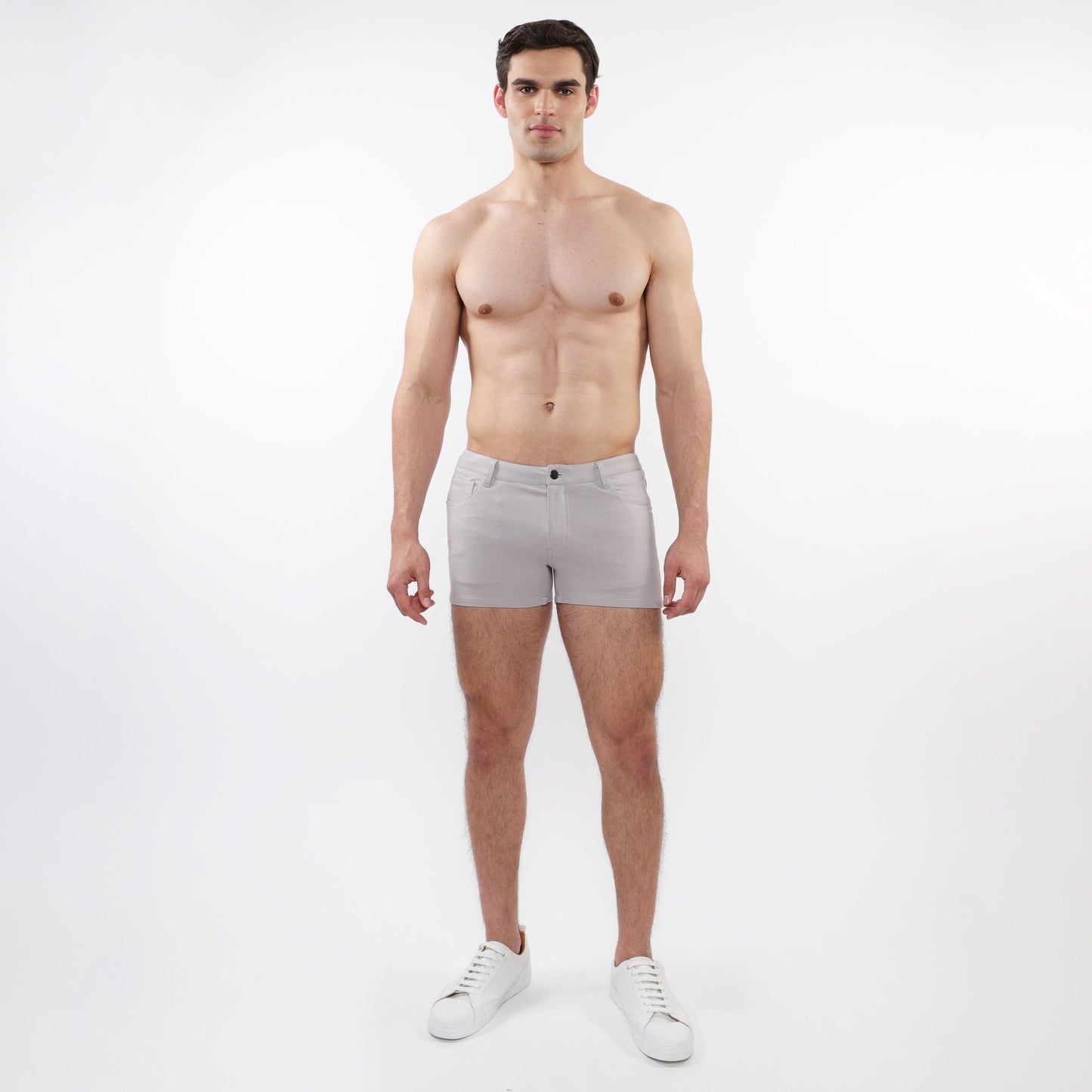 Light gray 3 inch stretch knit tailored shorts with single button closure and modern clean design