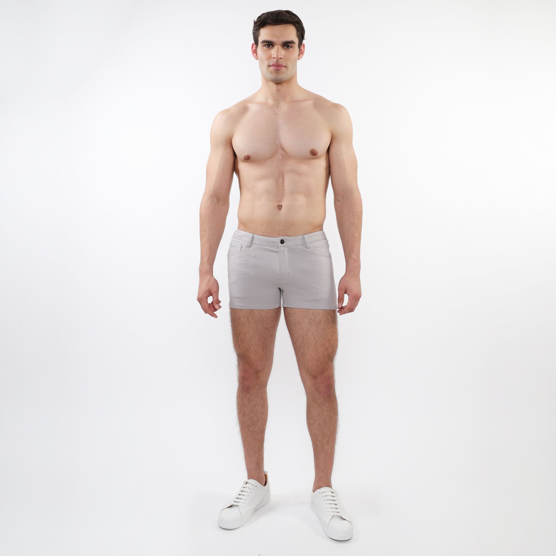 Light gray 3 inch stretch knit tailored shorts with single button closure and modern clean design