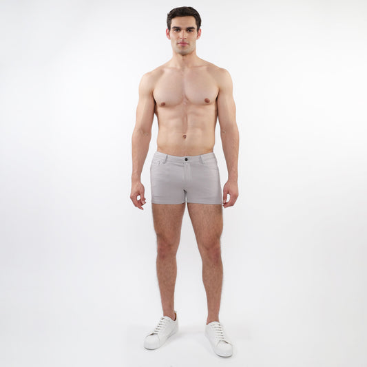 Light gray 3 inch stretch knit tailored shorts with single button closure and modern clean design