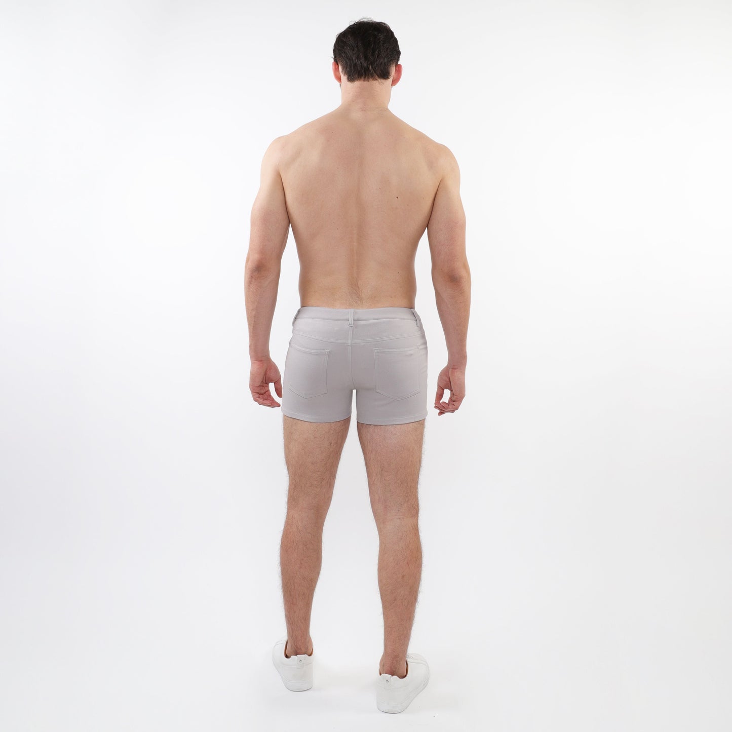 Light gray 3 inch stretch knit short athletic briefs with subtle seam detail along the waistband