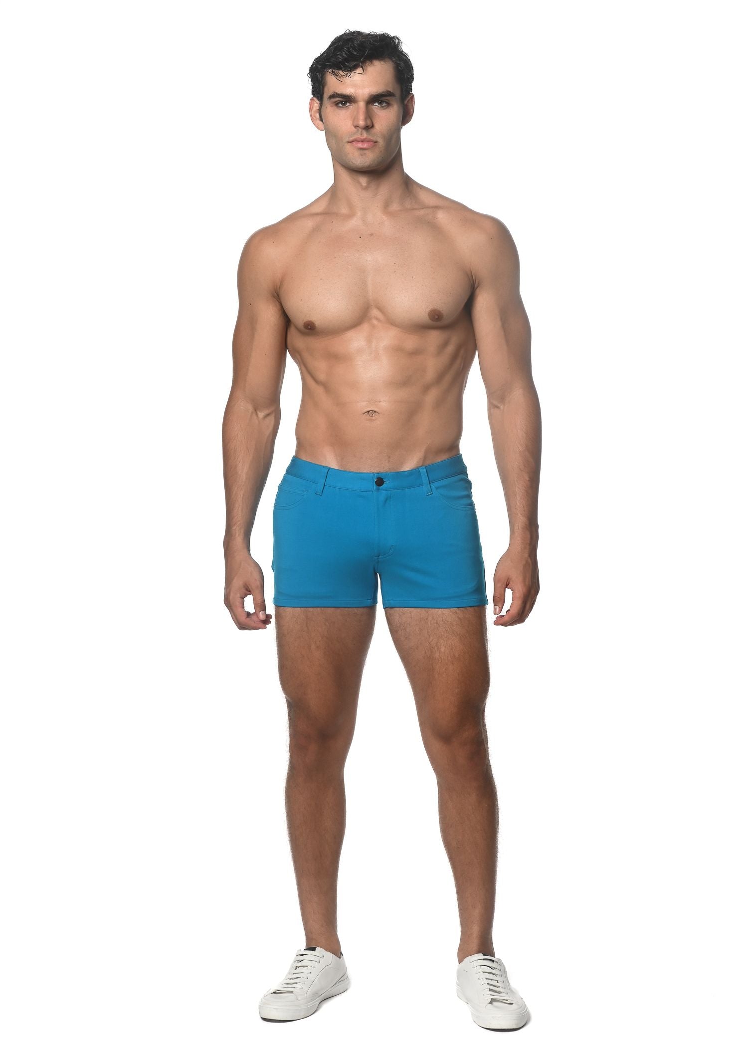 Men’s bright blue 3 inch stretch knit shorts with a tailored fit and classic button closure