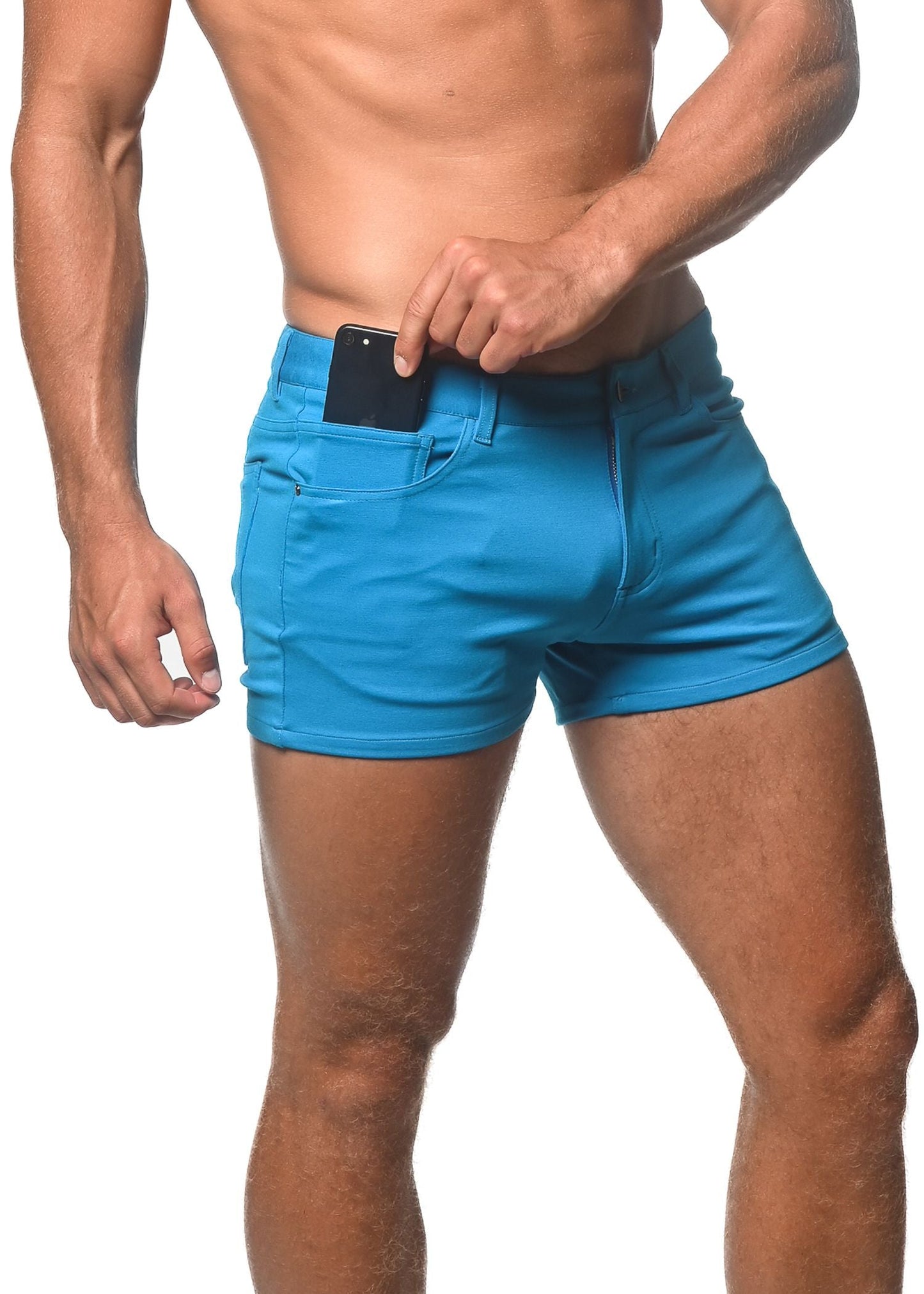 Bright blue 3 inch stretch knit denim shorts with classic five pocket design for comfortable casual wear